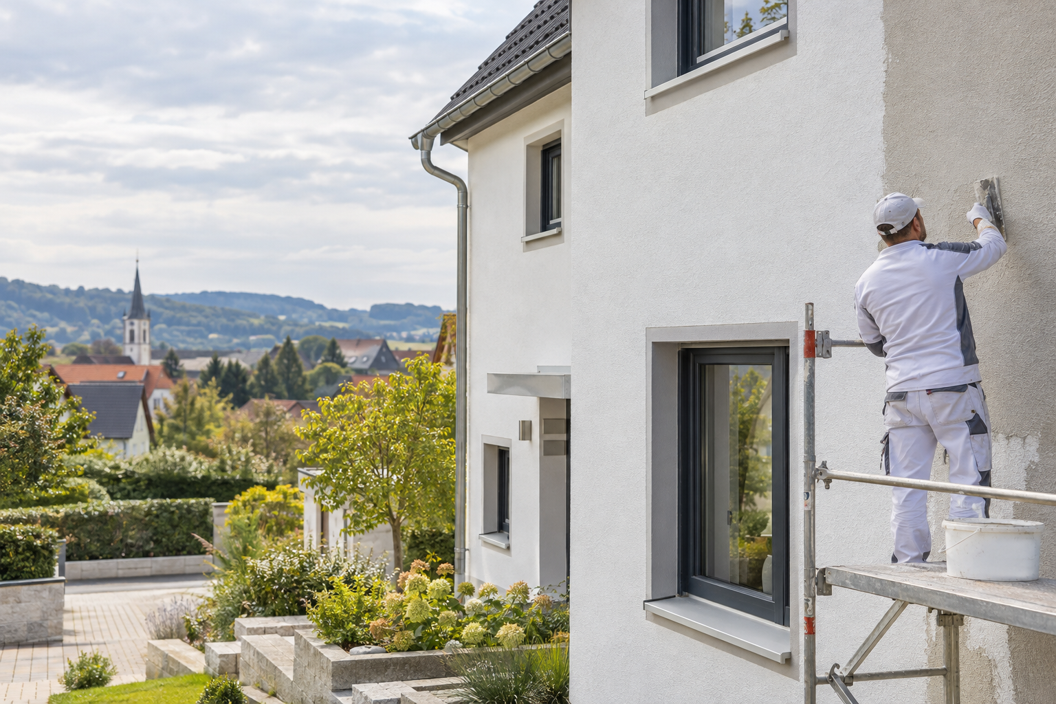 Fassadensanierung an einem Wohnhaus, KI-Visualisierung
